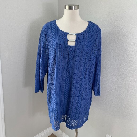 JM Collection Woman Plus 3X Blue Lace Overlay Tunic Top 3/4 Sleeve Shirt - Picture 1 of 11